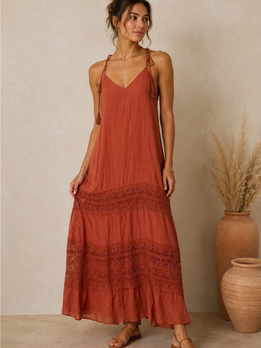 Elan Clay Tassel-Shoulder Crochet-Detail Maxi Dress Size M